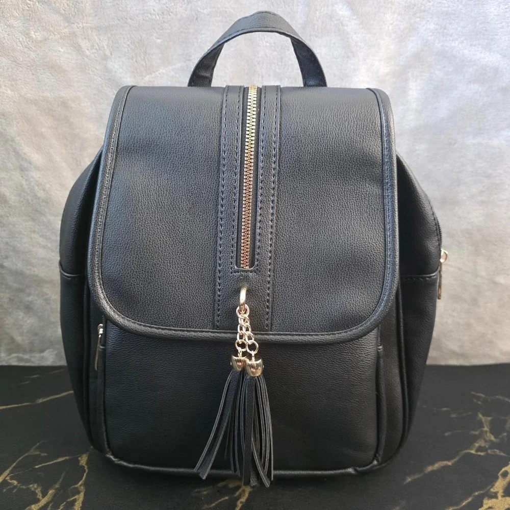Black Faux Leather Mini Backpack Purse w/ Gold Tassel Charm Goth Y2K